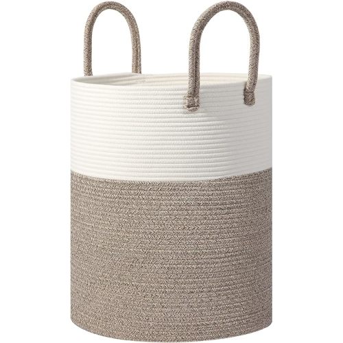 HOBASKET Large Woven Laundry Basket Hamper,60L Cotton Rope Storage Basket for Blankets in living room,Decorative Tall Nursery Hamper for Clothes and Toys,Baby Basket,Bathroom,Bedroom,White and Brown