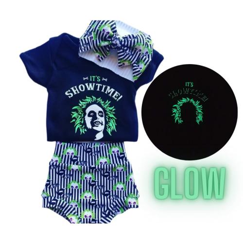 Halloween Black and White Stripe Bummies, Top, and Bow Outfit, Glow in the Dark Shorts Diaper Cover Bloomers Shirt Top Bow Head wrap Piggy's