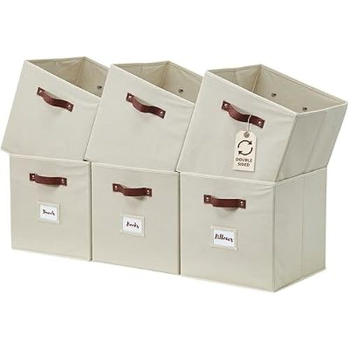 DECOMOMO Storage Bins, Cube Storage Bin with Labels, Fabric Storage Cubes for Shelves (10.5" x 11" / 6pcs, Beige)