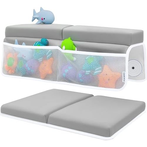 Baby Bath Kneeler and Elbow Rest Pad Set - Baby Bath Support for Knees and Elbows - Bath Kneeler Pad with Memory Foam and Bath Toys Organizer - Ideal Bath Kneeling Pad for Bathing Baby - Grey