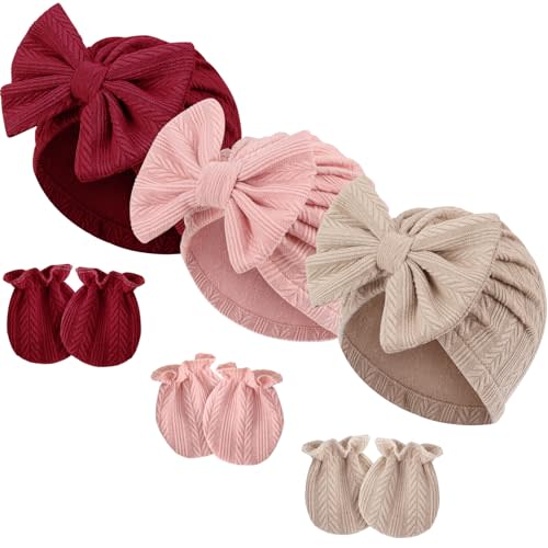 BQUBO Newborn Baby Hospital Hats Beanie Bow Infant Caps Baby Cotton No Scratch Mittens Set for 0-6 Months