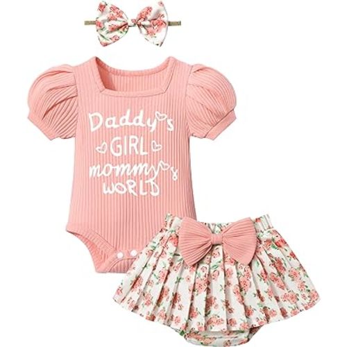 KANGKANG Baby Girl Clothes Summer Outfit Puff Short-sleeve Square Neck Romper + Floral Pleated Shorts Headband 3Pcs Set