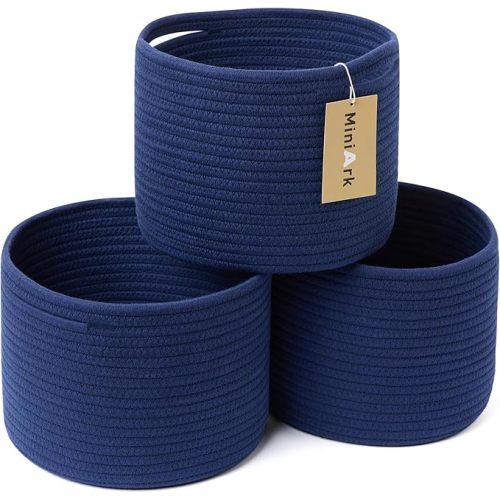 Small Storage Basket for Organizing | Cube Shelf Closet Storage Baskets | 9.7×9.7×7.1” Cute Baby Basket for Nursery | Woven Rope Basket Bins | Gift Basket Easter | Round 3 Packs Navy Blue