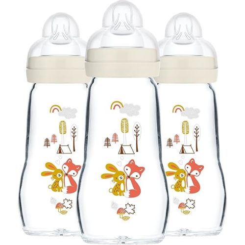 MAM Feel Good Medium Flow Premium Glass Bottle, Easy Switch Between Breast and Bottle, 9oz, 0+ Months, Unisex, 3 Pack