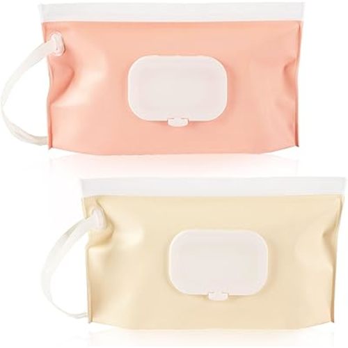 FEBSNOW 2 Pack Baby Wipes Dispenser, Portable Refillable Wipe Holder Baby Wipes Container Travel Wipes Case Reusable Wet Wipes Pouch (Cream, Pink)