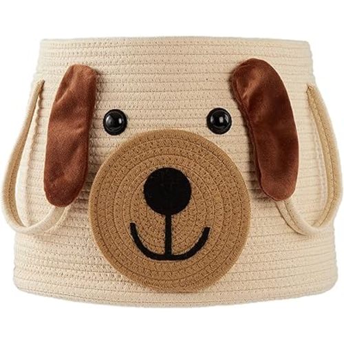 Large Dog Woven Basket with handles, Cute Laundry Basket, Toy Storage Basket, Baby Gift Basket, Animal Basket for Nursery, Clothes, Towels, Dog/Cat Toys