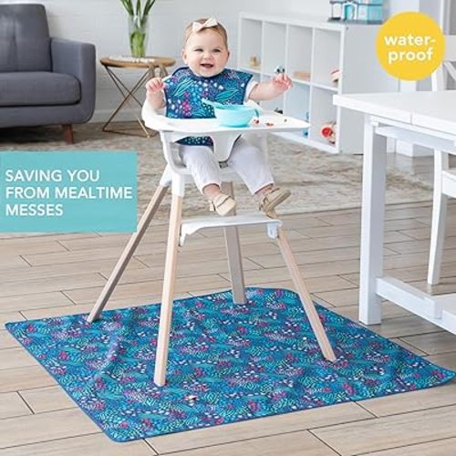 Bumkins Baby Splat Mat for Under High Chair, Babies Toddlers Eating Mess Mat, Waterproof Reusable Cloth for Arts and Crafts, Playtime Mat for Kids, Floors or Tables, Fabric 42inx42in, Jungle Blue