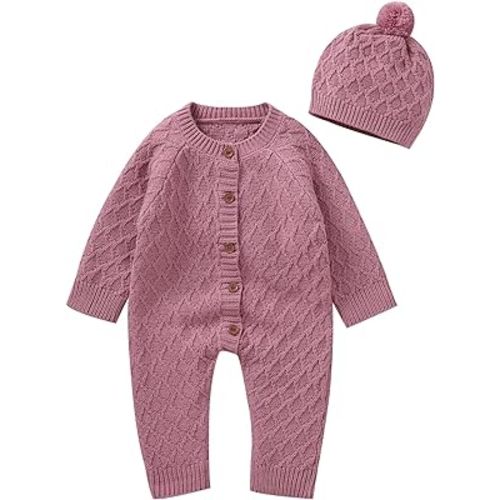 Newborn Baby Sweater Romper Knitted Sweater Long Sleeve Jumpsuit Outfits with Warm Hat