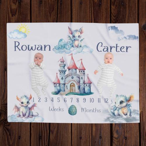 Dragon Castle Personalized Twin Baby Boy Milestone Blanket, Month Growth Tracker, Baby Shower Gift, Twin photo prop, Dragon Nursery Décor