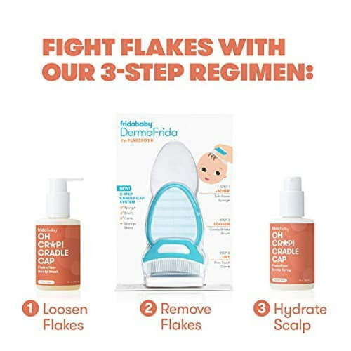 The 3-Step Cradle Cap System by Fridababy | DermaFrida The FlakeFixer | Sponge, Brush, Comb and Storage Stand for Babies with Cradle Cap