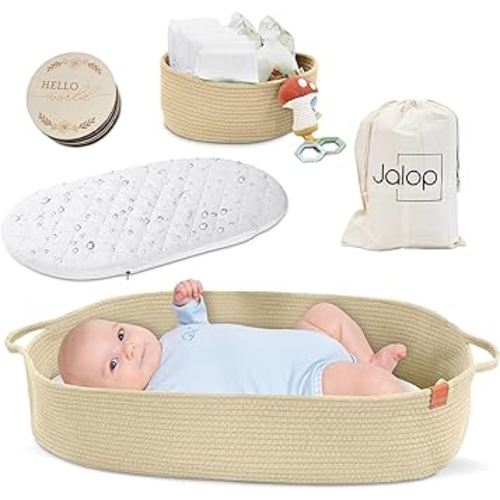 Baby Changing Basket for Baby Dresser - Neutral Moses Basket for Babies w/Diaper Caddy, Thick Foam Pad & Milestone Cards – Portable Moses Baskets for Newborn- Lab Certified New Baby Essentials