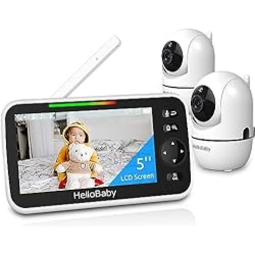 HelloBaby 5’’ Baby Monitor with 26-Hour Battery, 2 Cameras Pan-Tilt-Zoom, 1000ft Range Video Audio Baby Monitor No WiFi, VOX, Night Vision, 2-Way Talk, 8 Languages and Baby Registry Search
