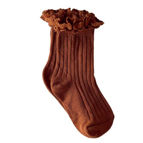 Lace Trim Ribbed Socks, Cinnamon