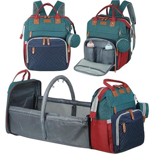 large diaper bag backpack,baby bag with changing station for Boys Girls,Multifunctional Diaper Bag,Mommy Bag With USB Charging Port(Blue-green-red)