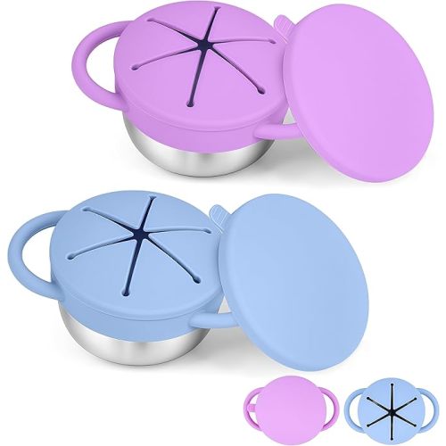 2-Pack Stainless Steel Snack Cup for Toddlers Spill-Proof, Baby Food Containers with Removable Silicone Lids & Handles | Dishwasher Safe, BPA-Free On-the-Go Kids Snack Containers Box