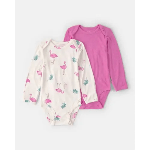 Baby Girl 2-Pack Flamingo PurelySoft Long-Sleeve Multipack Bodysuits - Pink/Ivory | Carter's