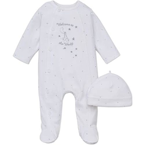 Little Me Gender Neutral Clothes for Baby 2-Piece 100% Cotton Scratch-Free Tag Footie Sleeper and Cap Sets, Preemie to 9M