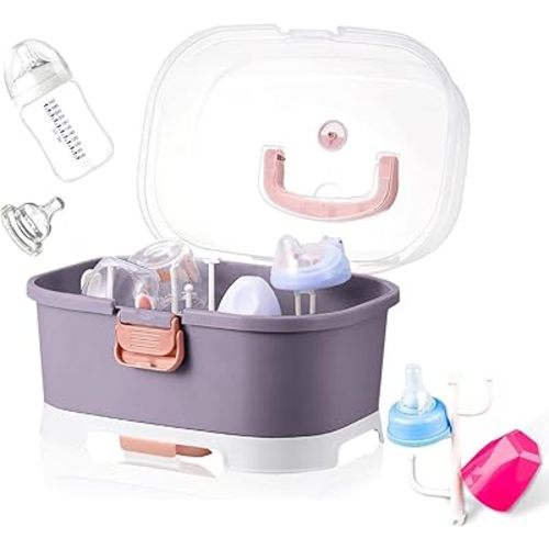 Baby Bottle Organizer for Storage, Baby Bottle Storage Large Capacity with Lid Cover Anti-Dust Protection and Cutlery Storage Drying Rack Portable Large Capacity Bottle Organizer Baby (purple)