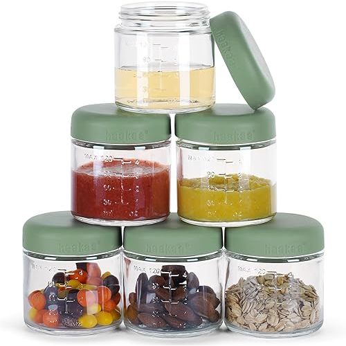 haakaa Baby Glass Food Jars,100% Leak-Proof Baby Food Glass Containers with Silicone Lids, Borosilicate Glass,Fridge –Freezer & Microwave Safe,6 PCS 4 oz,Pea Green