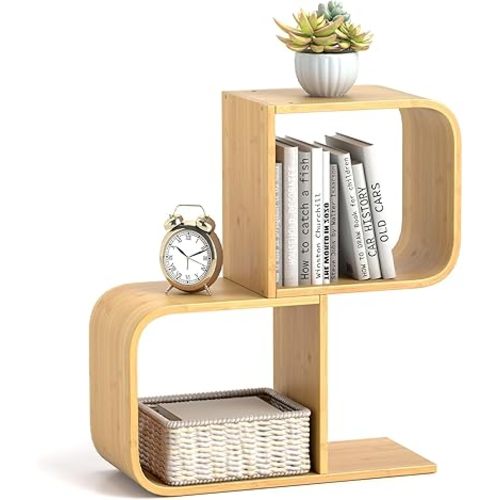 Giantex S-Shaped Bookcase, 2-Tier Bamboo Bookshelf with 2 Open Cubes, Geometric Corner Display Shelf, Decorative Storage Organizer, Floor Storage Rack for Living Room, Study, Home Office, Natural