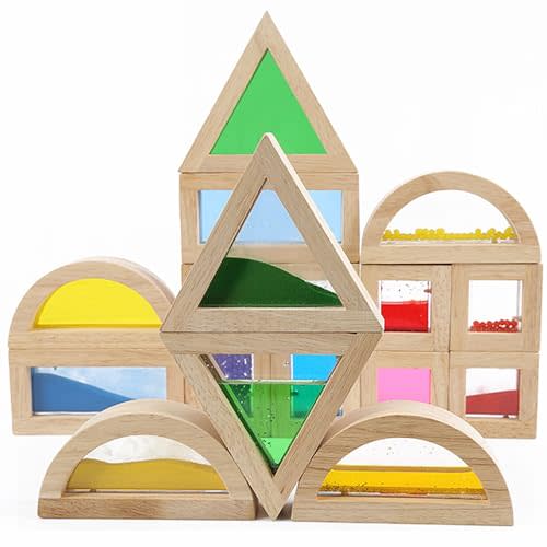 Rainbow Sensory Toys Blocks,16 Large Pcs Wooden Building Blocks for Toddlers Baby Kids,Colorful Geometric Stacking Toys, Preschool Educational Toy Set.