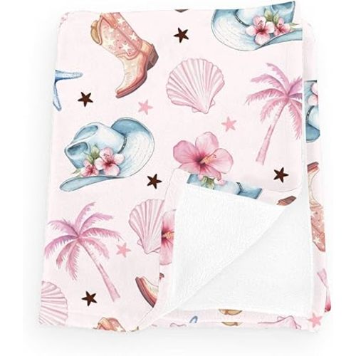 Pink Coastal Western Cowgirl Boot Hat Palm Trees Baby Boy Girl Blankets Flannel Fleece Nursery Bed Receiving Swaddle Starfish Shells Conch Tropical Floral Infant Toddler Newborn 30x40inch