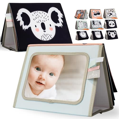 ZICOTO Soft Tummy Time Book with Large Stimulating Baby Safe Mirror - Fun High Contrast Montessori Toy w/ Mirror, Crinkle Paper & Silicone Teether The Perfect, (zic-ttbook2_23-050)
