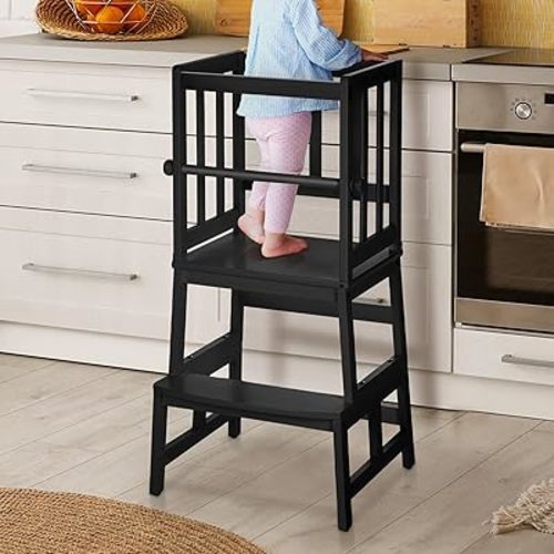 COSYLAND Kids Kitchen Step Stool Helper Baby and Toddler Multi-Function Step up Nursery Helper Stand with Safety Rail in Natural Bamboo, Strong and Lightweight (Black)