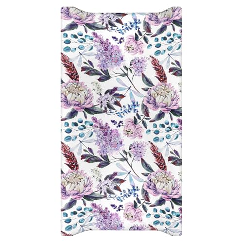 HNHUAMING Changing Pad Cover, Ultra Soft Breathable Diaper Baby Changing Table Covers for Girls & Boys, 32 X 16 Inches Stretchy Fitted Changing Pad Sheets for Changing Pads Liners, Purple Floral