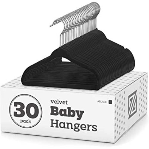 ZOBER Premium Kids Velvet Hangers (11” Inch - 30 Pack) Non Slip Baby Hangers, Ultra Slim Space Saving Childrens Hangers - 360° Swivel Hook, Strong & Durable Infant/Toddler Hangers (Small - Black