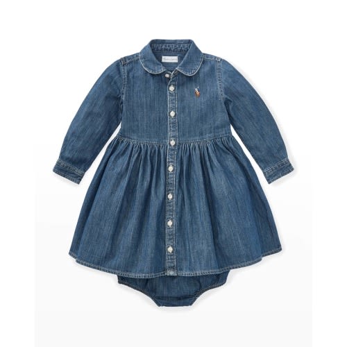 Girl's Belted Fit-and-Flare Denim Shirtdress, Size 3M-24M