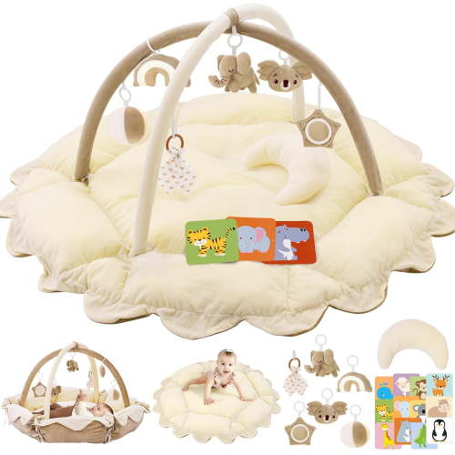 5-in-1 Plush Baby Play Gym, Baby Play Mats, Convertible Baby Gym with Pillow, Tummy time mat, 6 Sensory Toys, Baby Activity Center from Newborn to Toddler, Pet Bed, Cat & Dog Bed, Ball Pit, Cream