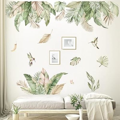 decalmile Boho Tropical Leaves Wall Decals Palm Leaf Hanging Vine Green Plants Wall Stickers Living Room Bedroom TV Background Wall Decor
