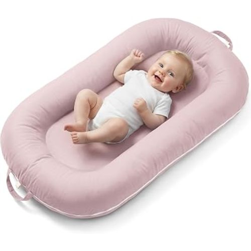 Newborn Lounger Pillow, Infant Support Cushion with Breathable Mesh & Detachable Toy Arch, Portable Floor Lounger for Play/Travel, Machine Washable Cover (Dusty Rose)