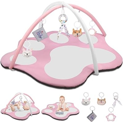 Baby Gym Activity Play Mat,Oversize Cute Cat Claw Shaped Baby Play Mat Tummy Time Mat with 5 Detachable Toys Promote Motor Skills & Sensory Development Playmats Washable for Infant Toddler Pink