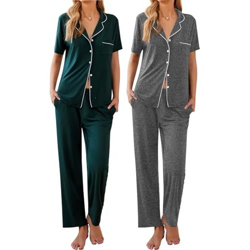 Ekouaer 2 Pack:Womens Pajamas Short Sleeve Pjs Notch Collar Button Up Loungewear Cozy Sleepwear Sets