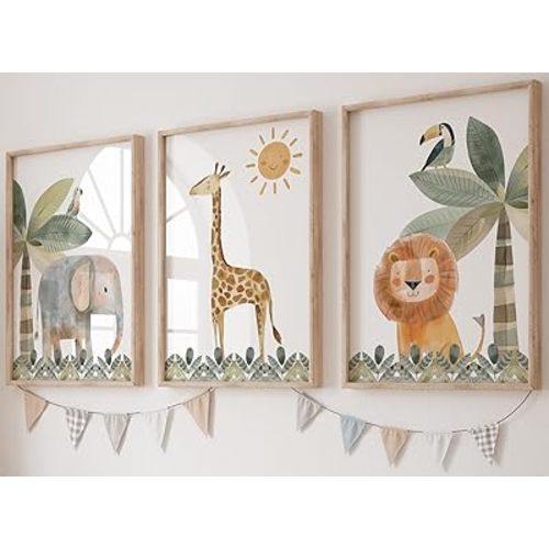 Eviepops Prints Cute Safari Animals Set of 3 Unframed Prints for Baby Girl or Boy Nursery Bedroom Playroom, Nursery Décor, Watercolour Jungle Wall Art, Giraffe Elephant Lion Parrot Toucan (8x10)
