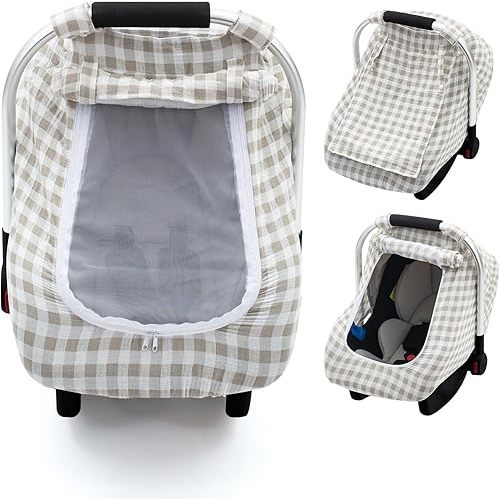 Muslin Car Seat Cover Baby, Summer Infant Carseat Covers with Breathable Window, Lightweight Car Seat Sun Shade Cover for Girls Boys, Fit Spring Summer (Brown)