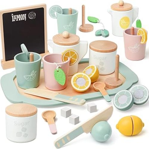 Lemonade Stand for Kids Tea Set Pretend Play Toys Tea Party Set Lemonade Stand Supplies No Assembly Required Non-Toxic Wooden Toys Tea Sets for Toddlers 3-5 Birthday Gift