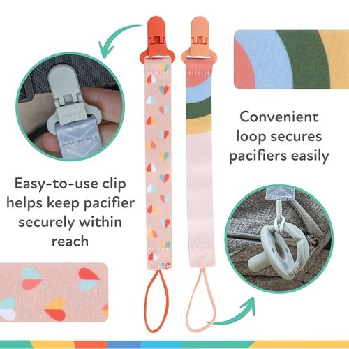 Nuby Pacifinder Baby Pacifier Clip - (2-Pack) - Pacifier Holder Clip with Convenient Hook Loop - Peach Stripes and Hearts