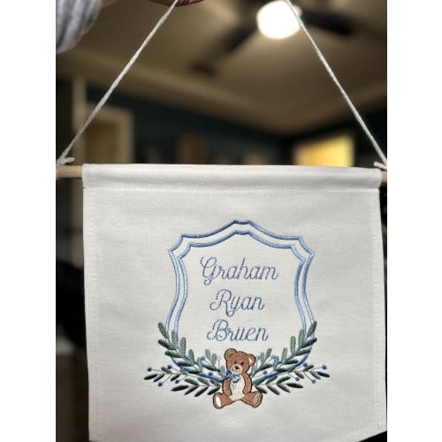 Embroidered Vintage Bear Nursery Baby Banner - Carriage Welcome Banner - Boy Hospital Door Sign - Vintage Baby Shower - Bear Banner