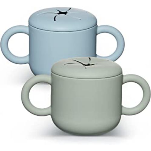 2 Pack Silicone Snack Cup Toddlers Sippy Cup Snack Containers with Double Handles Removable Lid for Toddler Baby Infants Training Cup for 6 Month+ (Army Green, Grayish Blue, 2 Pack)