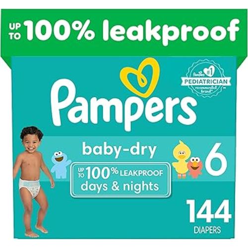 Pampers Baby Dry Diapers - Size 6, One Month Supply (144 Count), Absorbent Disposable Diapers