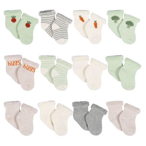 Gerber Baby Neutral 12-pack Terry Wiggle Proof® Socks Happy Veggies - 0-3 Months