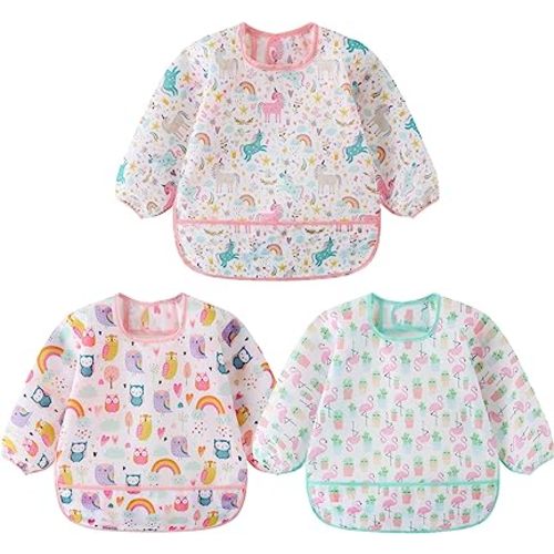 3 Pcs Waterproof Long Sleeves Baby Bibs Weaning Smock Bib 3-24 Months