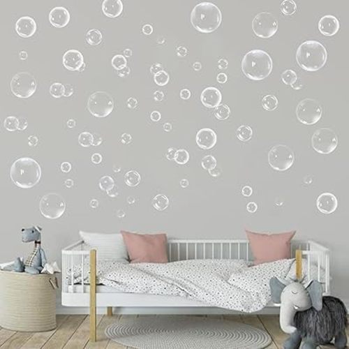 Transparent Bubble Wall Decal Sticker Cutout Kid's Under The Sea Birthday Party Decoration Blue White Colour Bubble Ocean Background Decor Water Soap Bath Decor for Mermaid Baby Shower (White)