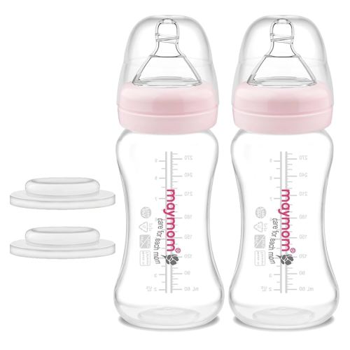 Maymom Wide-Mouth Milk Collection Storage and Feeding Bottle with Nipple, Pink Dome Cap, Bottle Top, SureSeal Sealing Disk; Compatible with Spectra Pump/Motif Luna; 2 pc (9Oz/280mL)