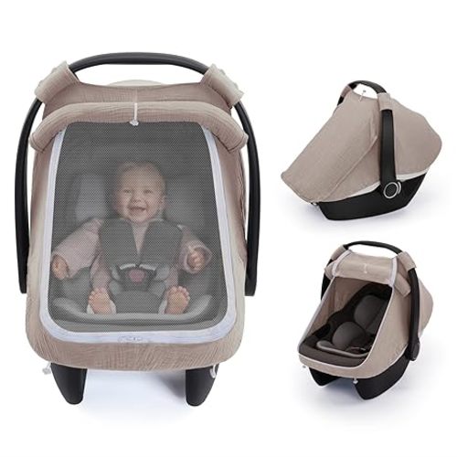 Blissful Diary Baby Car Seat Cover, Extra Large Mesh Window, Breathable Muslin Cotton, Infant Windproof Canopy, Agreeable Gray
