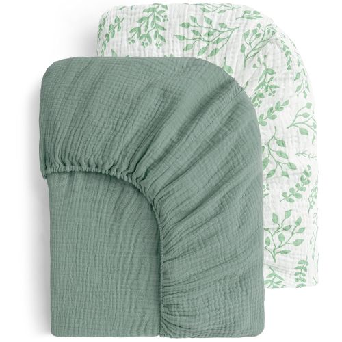 Yoofoss Muslin Crib Sheets for Boys Girls 100% Cotton Fitted Baby Crib Sheet 2 Pack Soft and Breathable for Standard Crib Mattress & Toddler Mattress 52"x28" Leaves&Green