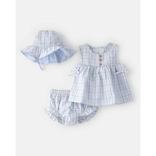 3M Baby Girl 3-Piece Plaid Hat, Top & Short Set - Blue | Carter's